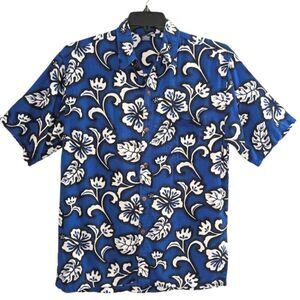 Hibiscus Collection Hawaiian cobalt blue floral men's causal button down shirt M